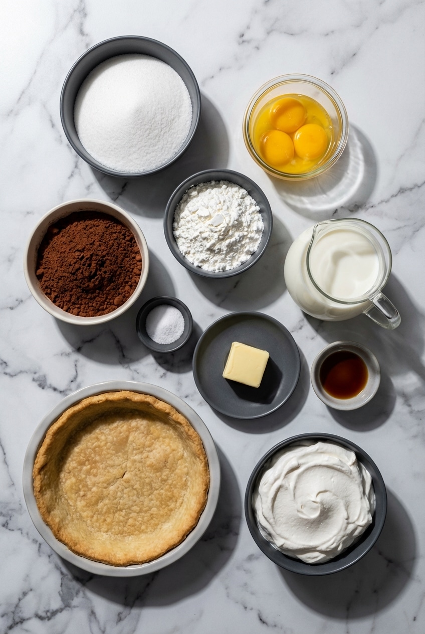 Ingredients for chocolate cream pie including egg yolks, heavy cream, and unsweetened cocoa powder flat lay.