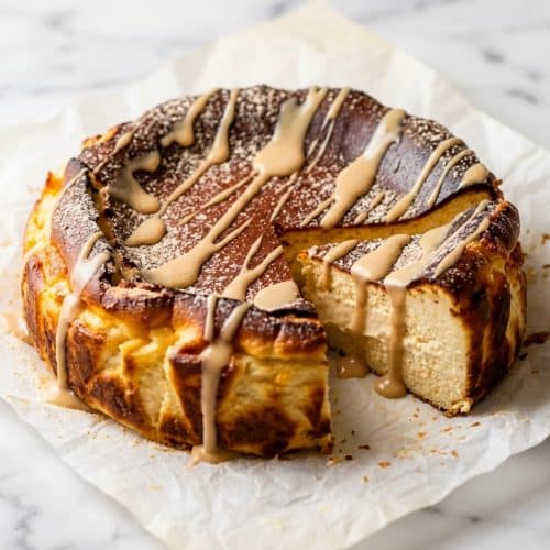 Creamy Basque Cheesecake featuring a dark caramelized top and rich malted milk infusion.