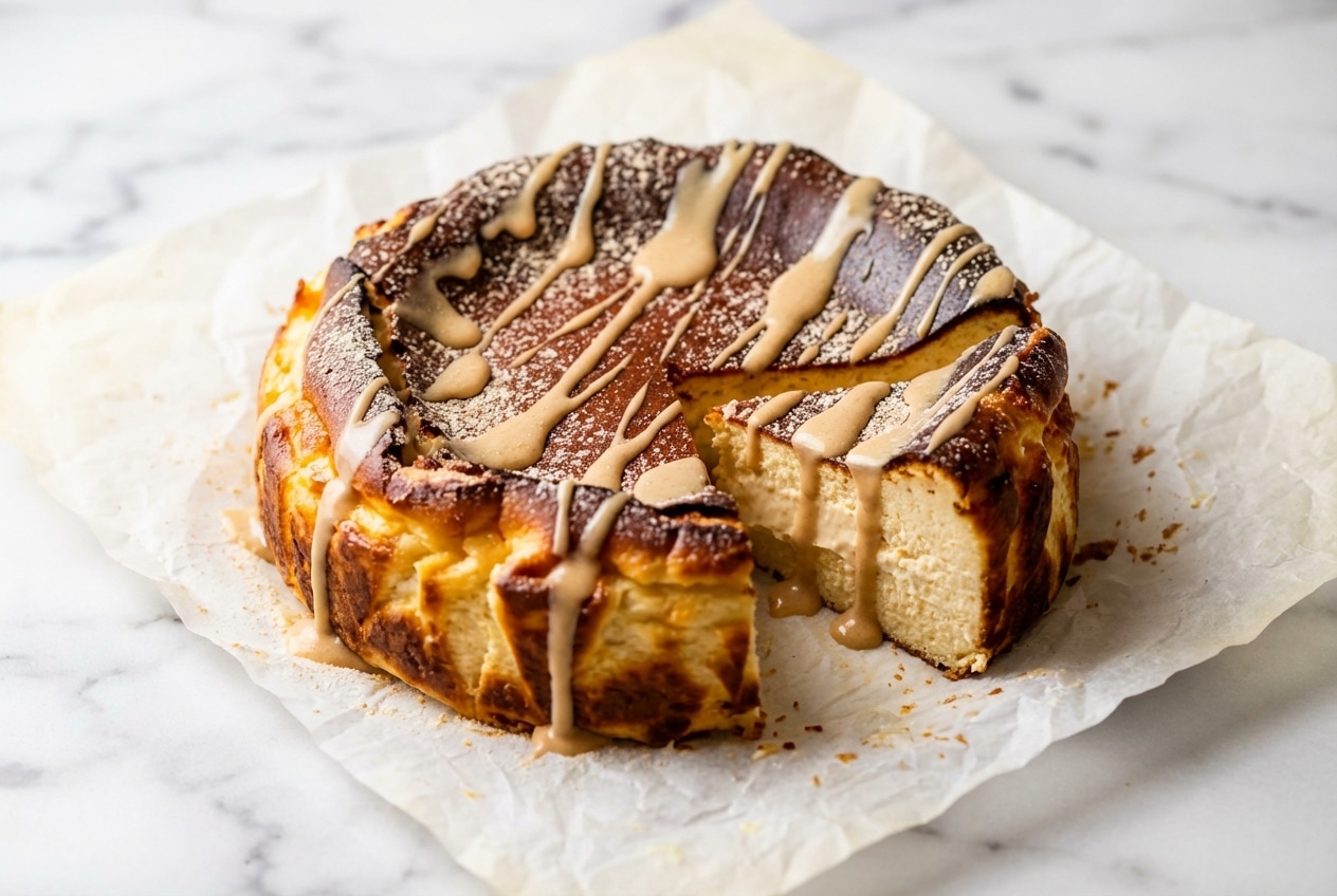 Creamy Basque Cheesecake featuring a dark caramelized top and rich malted milk infusion.