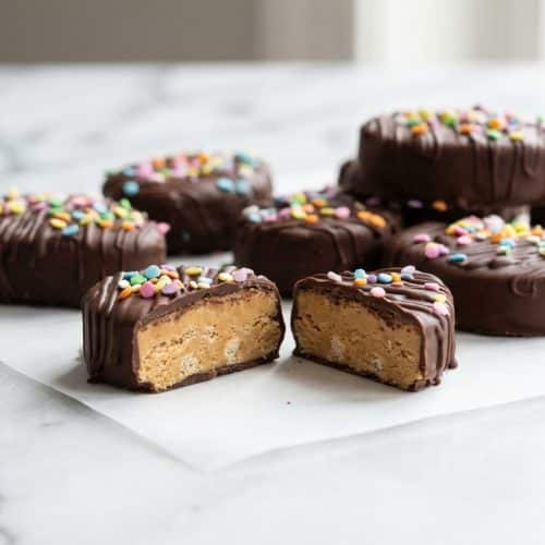 Homemade malted peanut butter eggs with a rich chocolate coating, arranged on a small white plate for serving.