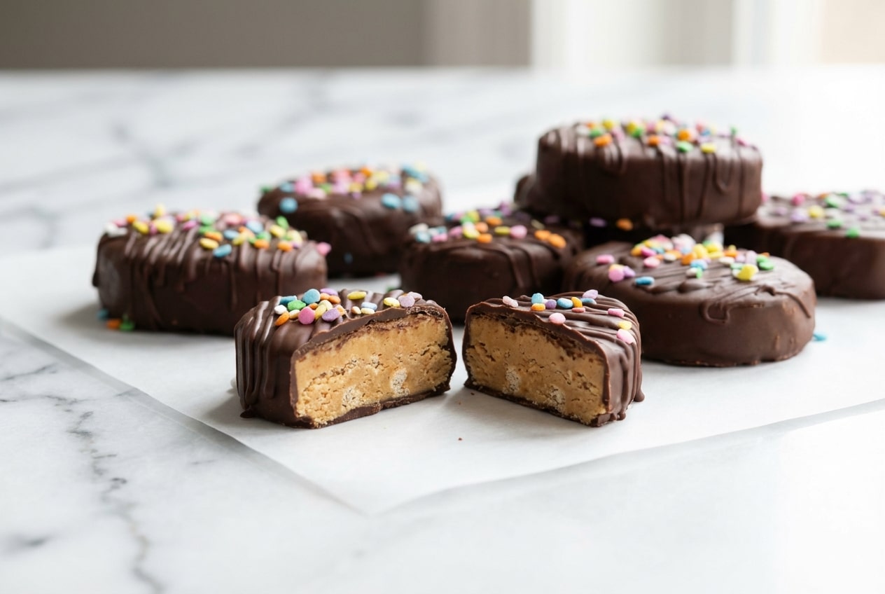 Homemade malted peanut butter eggs with a rich chocolate coating, arranged on a small white plate for serving.