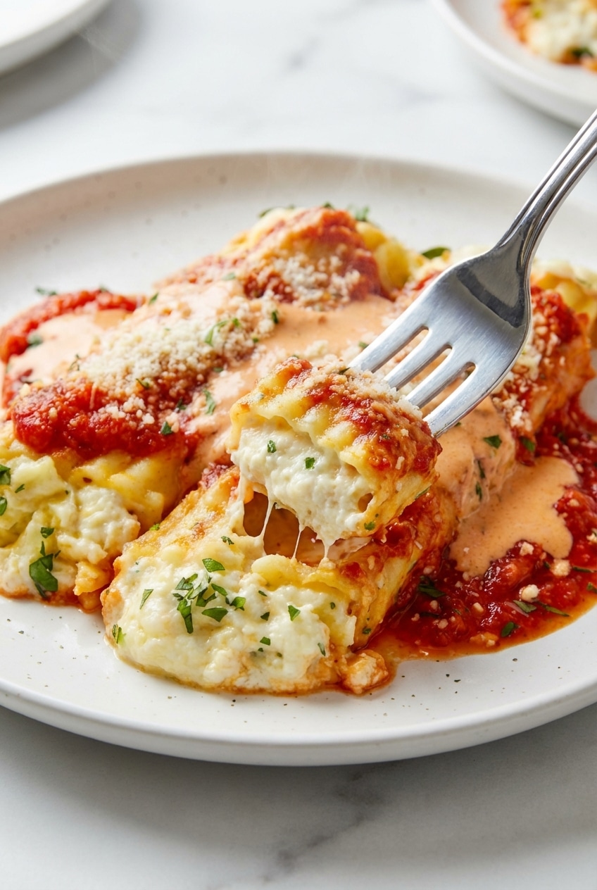 Close-up of stuffed pasta tubes lined in a casserole dish for this easy Manicotti Recipe.