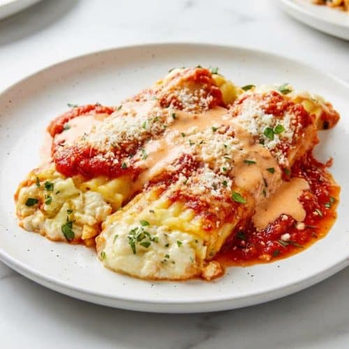 Baked Manicotti Recipe featuring pasta tubes stuffed with cheese and smothered in a silky vodka-cream sauce.