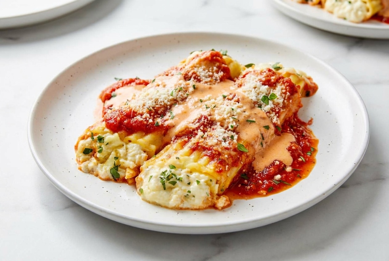 Baked Manicotti Recipe featuring pasta tubes stuffed with cheese and smothered in a silky vodka-cream sauce.