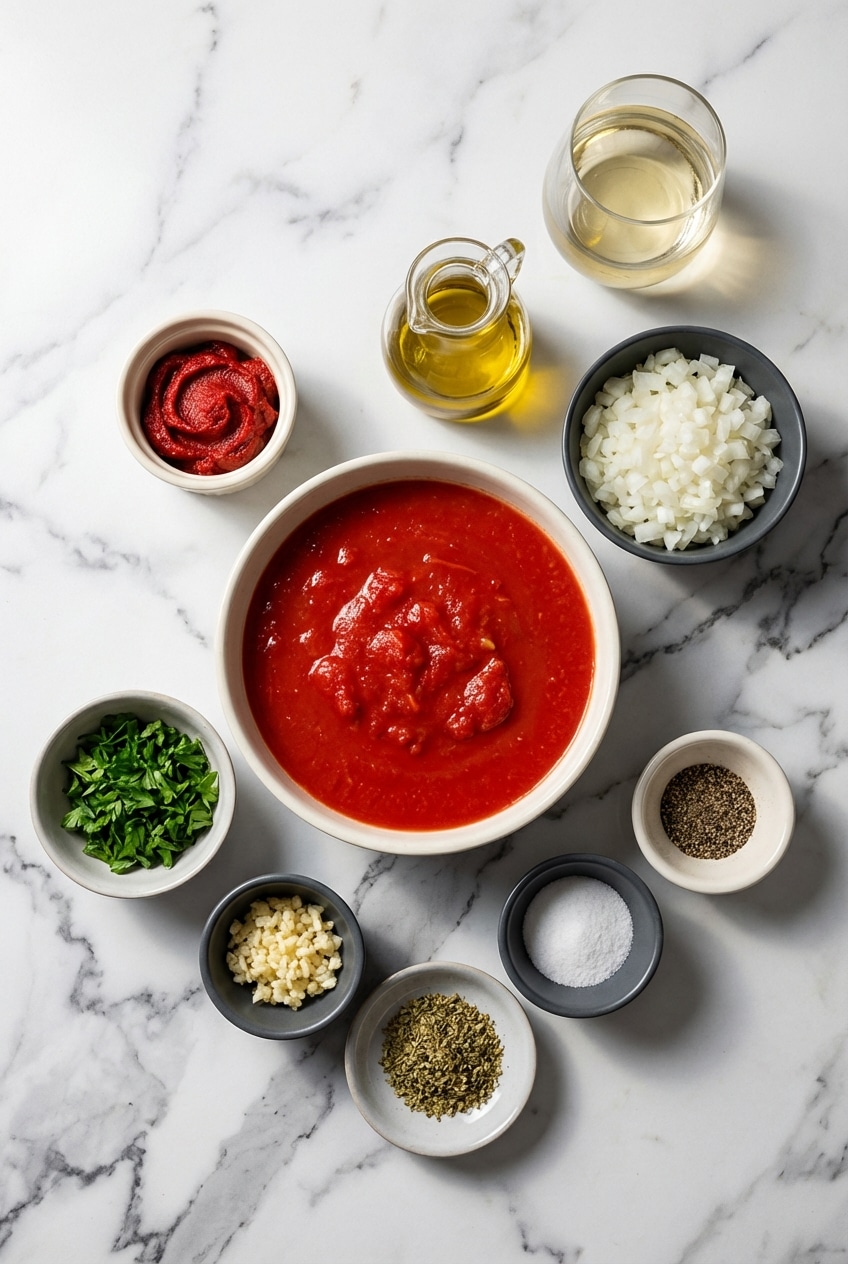 Flat lay of San Marzano tomatoes, extra virgin olive oil, aromatics, and a Parmesan rind for homemade marinara sauce.