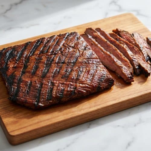 Grilled marinated flank steak sliced against the grain showing the diamond score pattern and a juicy medium-rare pink center
