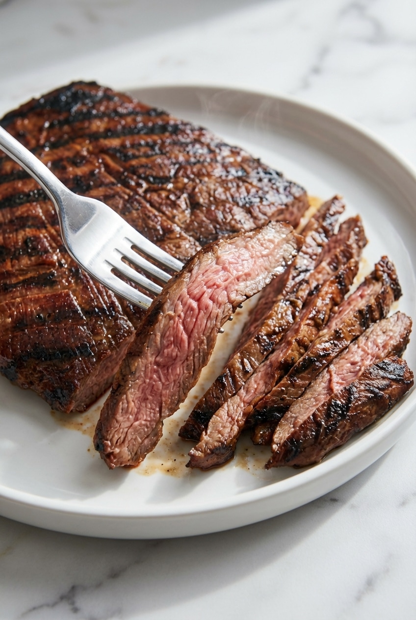 Close up texture of marinated flank steak showing deep caramelization and the signature diamond score lines