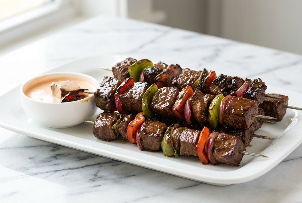 Grilled Marinated Steak Kabobs on a platter, coated in a glossy post-grill glaze with tender, velveted beef and vegetables.