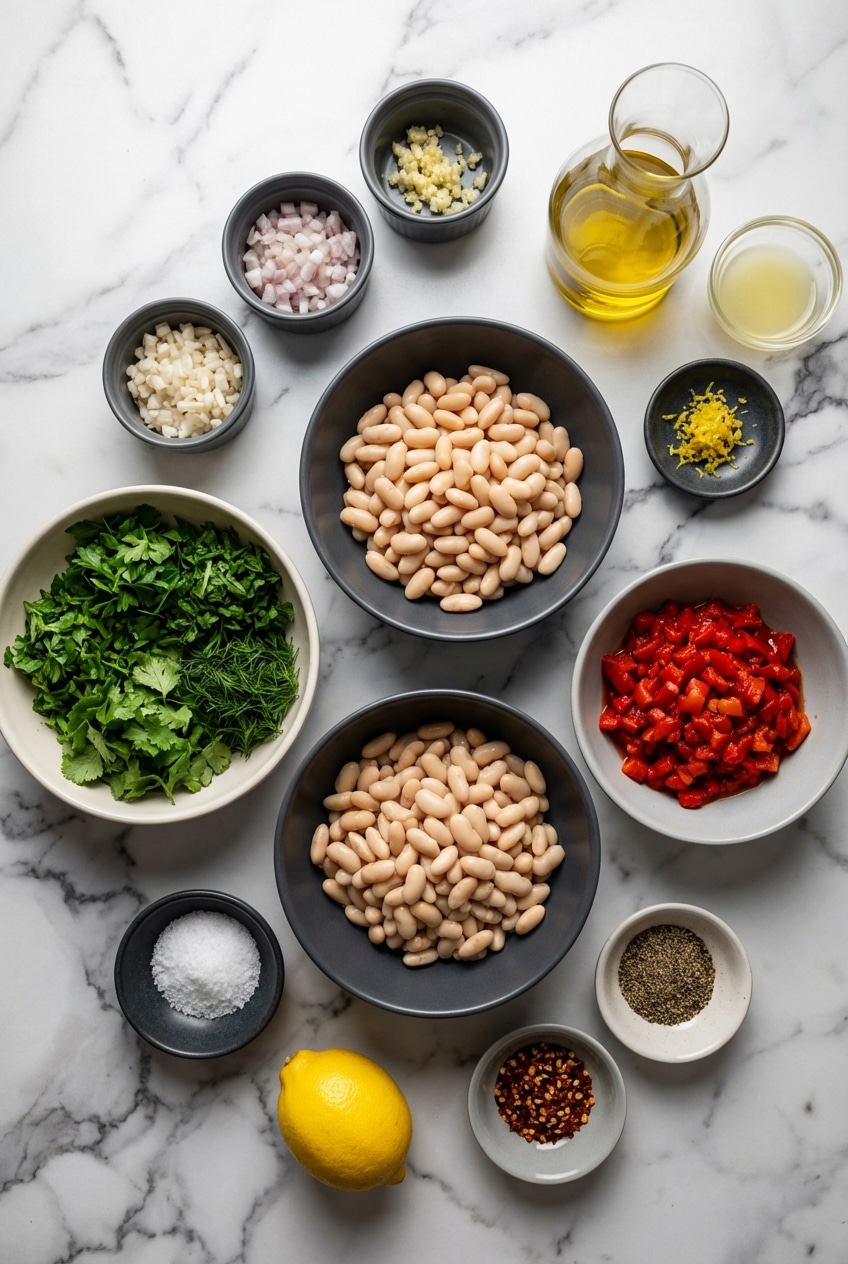 Cannellini beans, shallots, and roasted red peppers gathered for making marinated white beans on a clean surface.