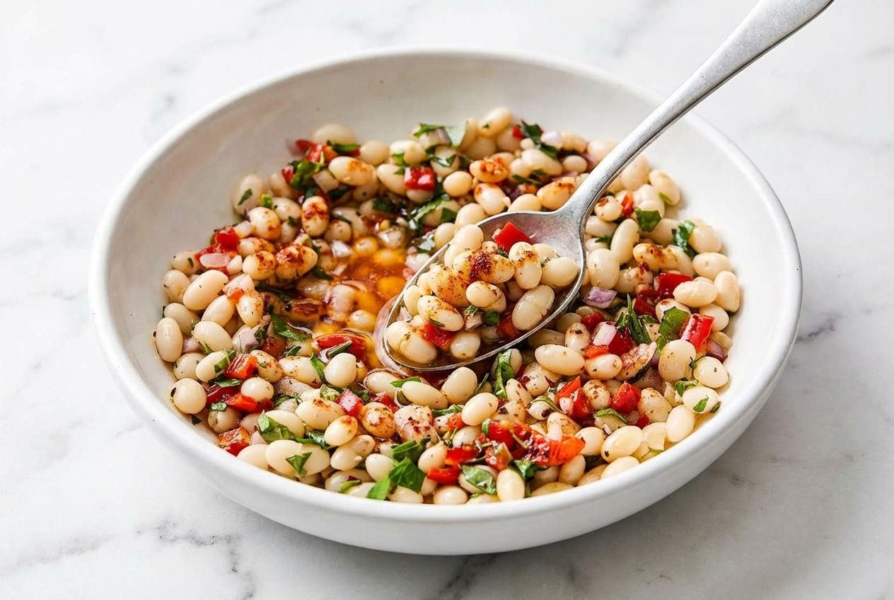 Creamy marinated white beans finished with a vibrant smoked paprika and warm oil bloom in a shallow bowl.