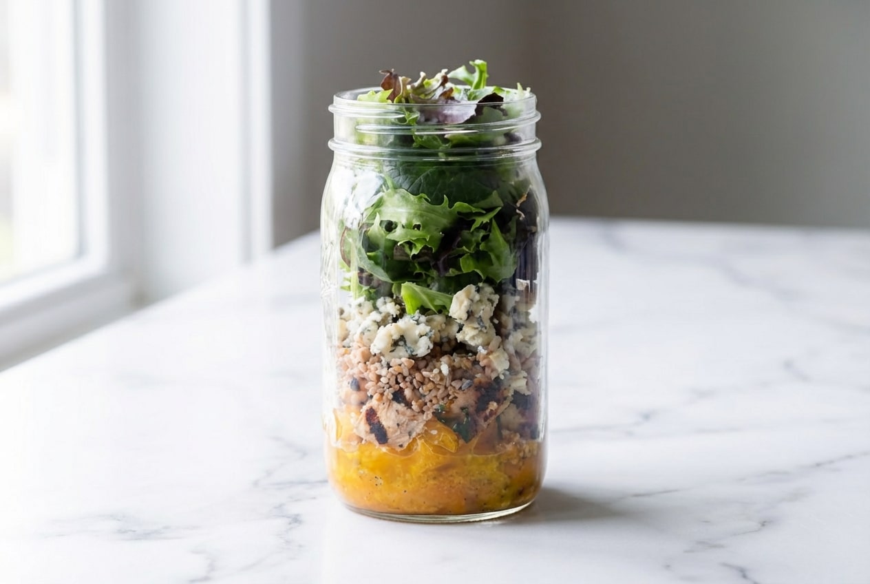 Layered mason jar salad showcasing the grain-barrier seasoning method with quinoa protecting fresh leafy greens.