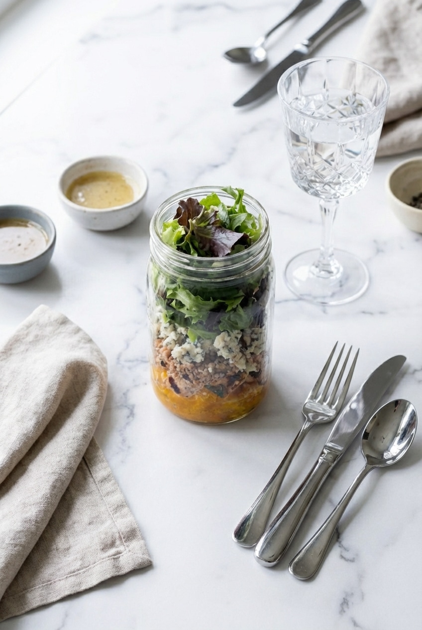 Prepared mason jar salad sealed with plastic lids for optimal meal prep refrigeration.