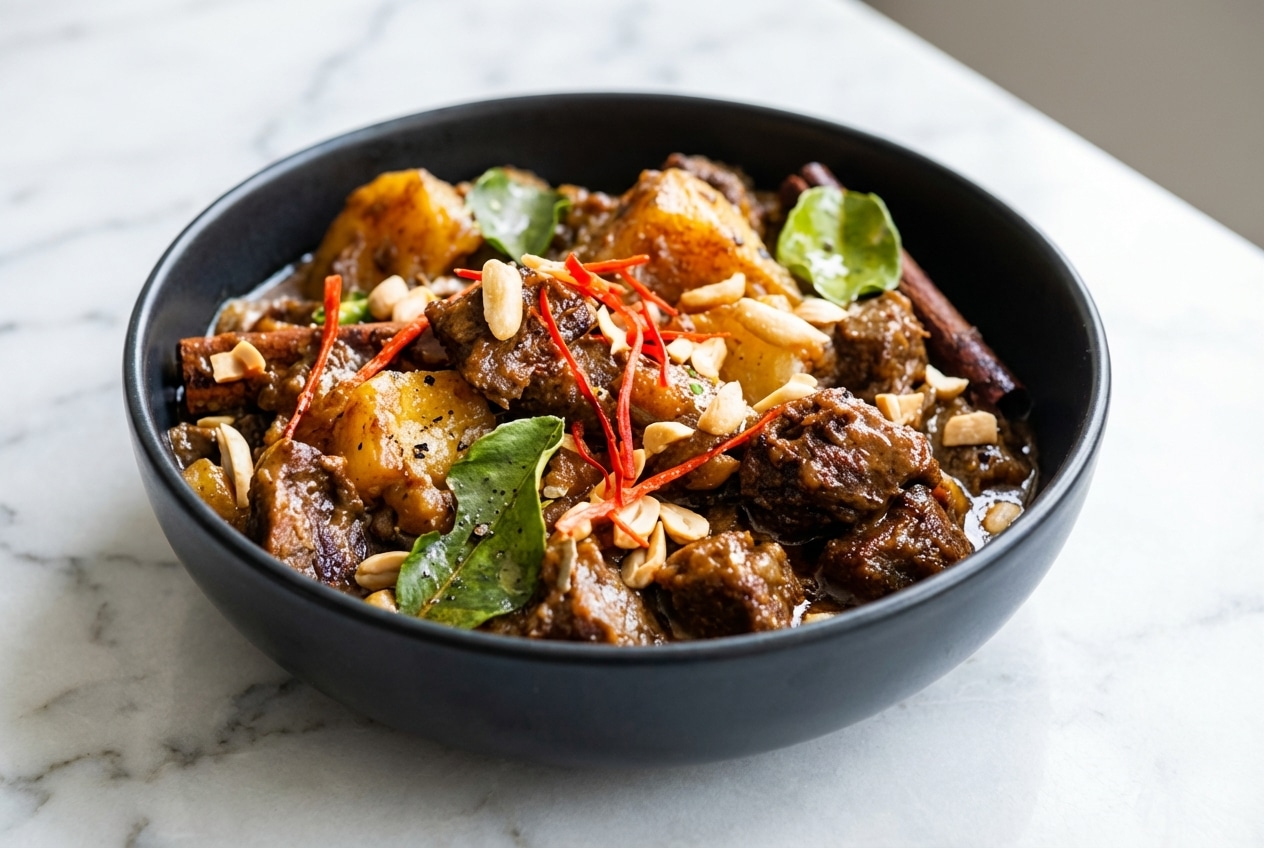 Rich massaman curry recipe with tender beef chuck developed using the double-fat searing technique.