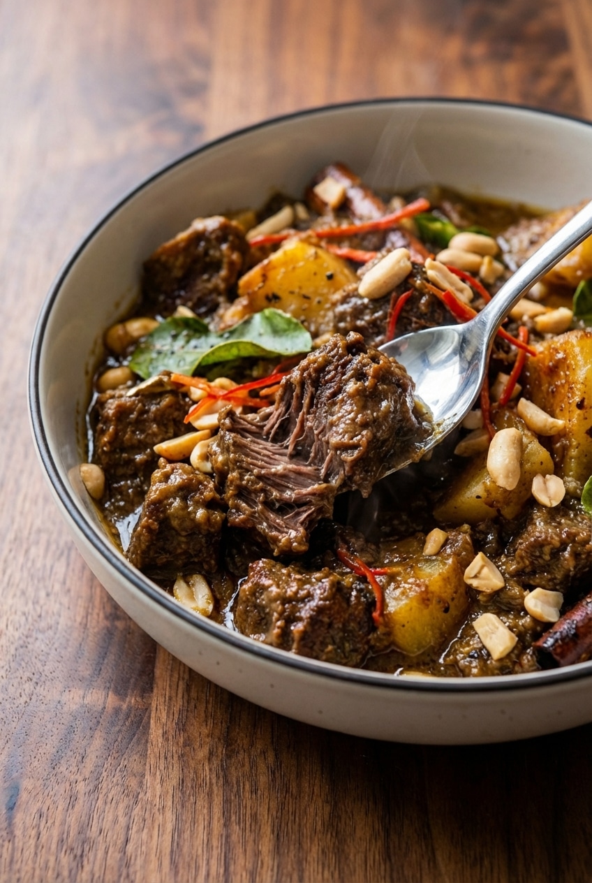 Extreme close-up of the glossy, emulsified sauce in this massaman curry recipe showing a silky texture.