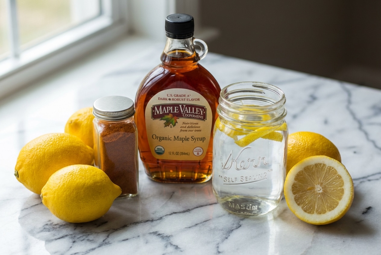 Vibrant master cleanse recipe featuring a citrus infusion from cold-press lemon peel maceration.