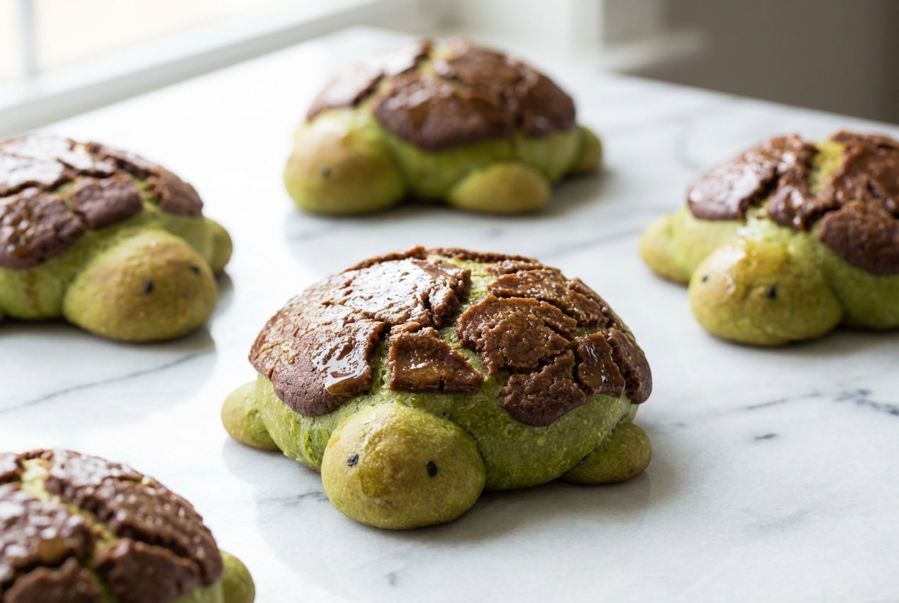Matcha Milk Bread Turtles featuring a brown butter tangzhong infusion and a cracked Dutch crunch shell.