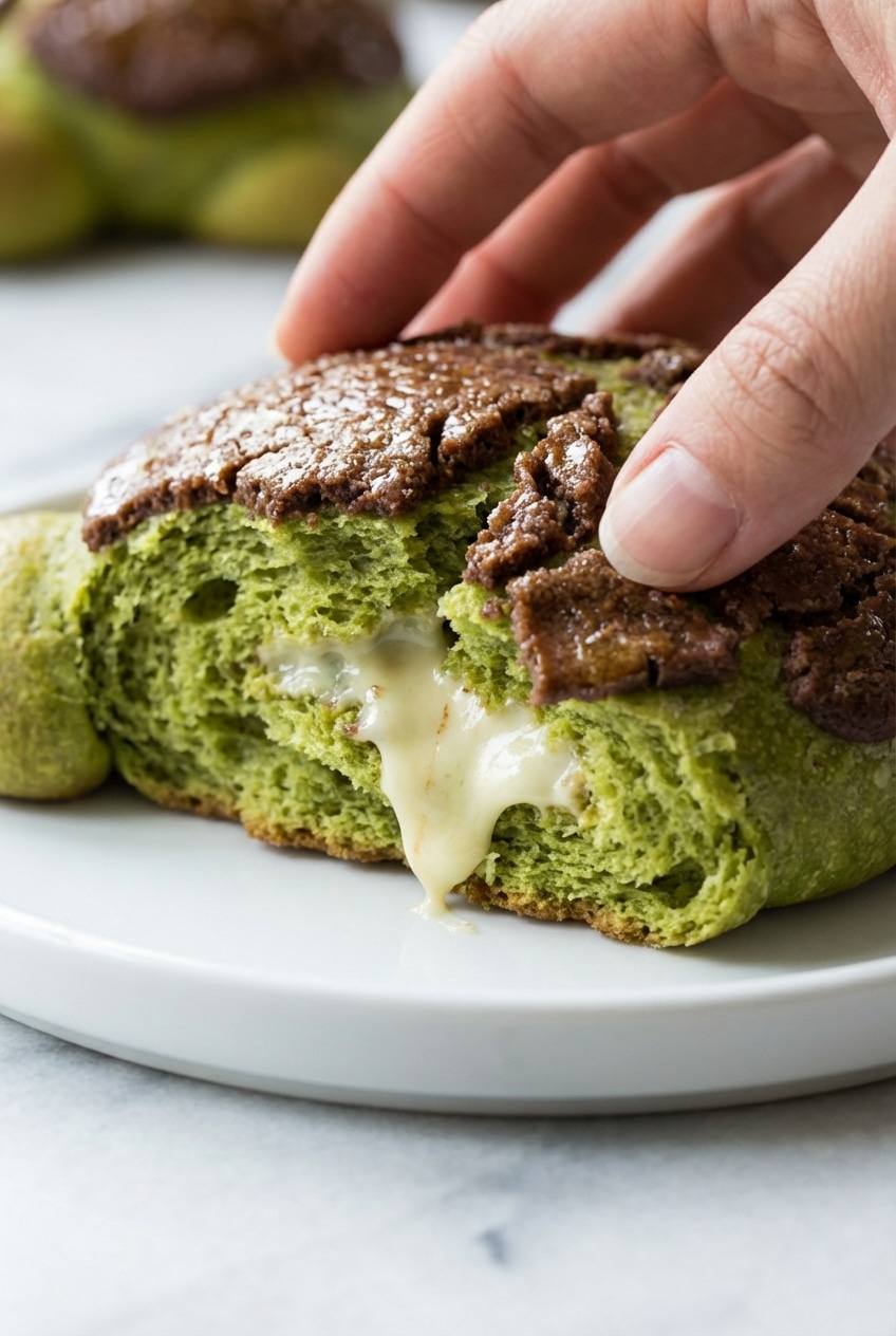 Close-up of the crispy Dutch crunch topping on Matcha Milk Bread Turtles showing deep green cracks.