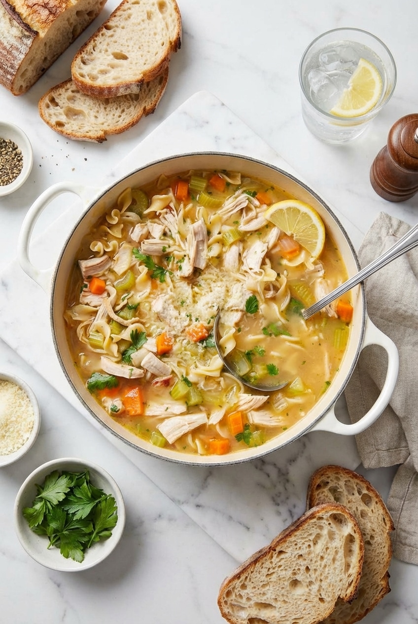Portioned airtight containers of leftover turkey soup alongside a beautifully ladled bowl ready for a cozy weeknight dinner.