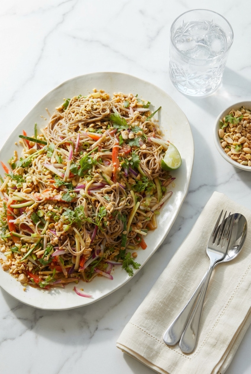 Cold noodle salad packed in meal prep containers with julienne vegetables for easy weekday lunches.