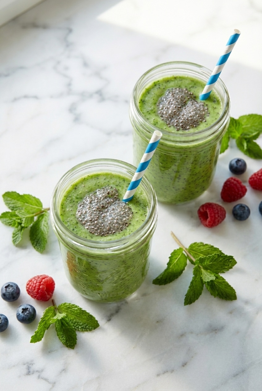 Mason jar filled with green smoothie recipes for weight loss placed on a kitchen counter for meal prep.