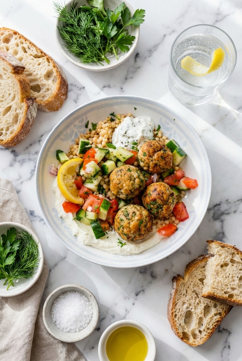 Mediterranean Meatball Bowl portions packed into glass containers for weekly meal prep with tzatziki sauce on the side