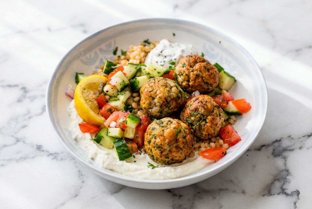 Golden brown turkey meatballs resting on a creamy whipped feta bed in a vibrant Mediterranean Meatball Bowl with cucumbers and herbs