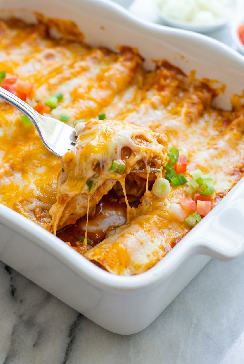 Close-up of the gooey, melted Monterey Jack and Cheddar cheese surface on top of bubbly Cheese Enchiladas.