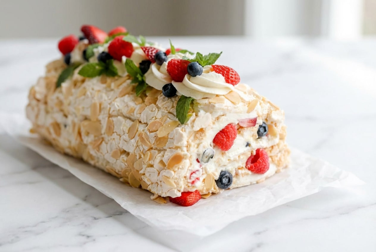 Golden-brown meringue roulade with a stable, marshmallowy center achieved with a vinegar and cream of tartar infusion.