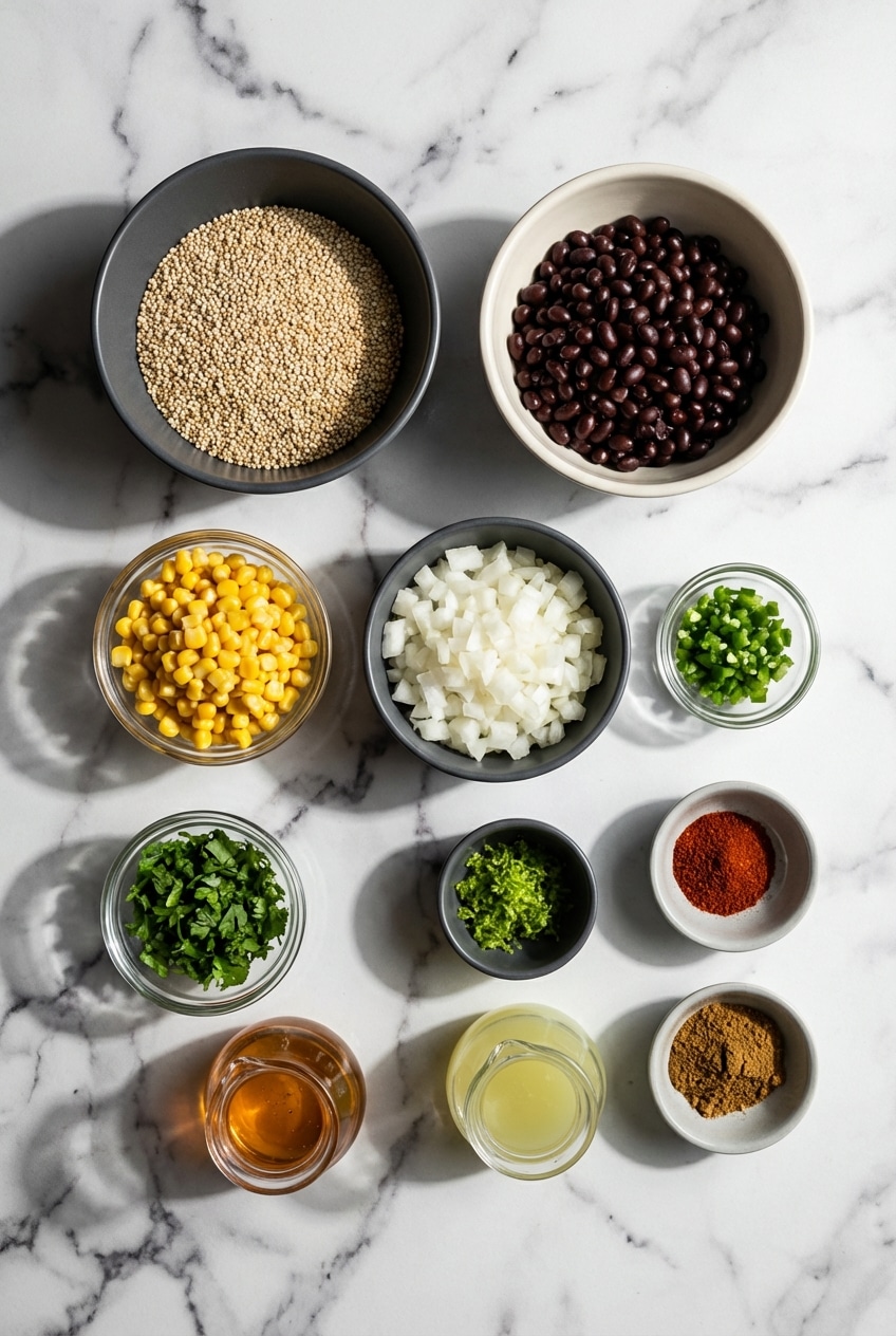 Flat lay of ingredients for mexican quinoa salad featuring black beans, quinoa, and fresh lime for a complete protein base.