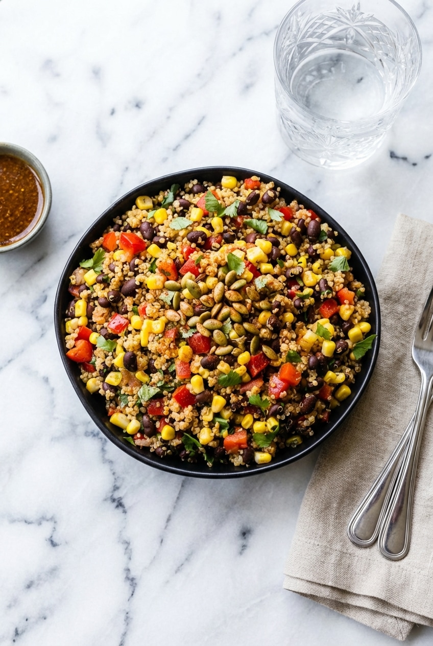 Mexican quinoa salad packed into a bowl, showing how well it holds up for meal prep and storage.
