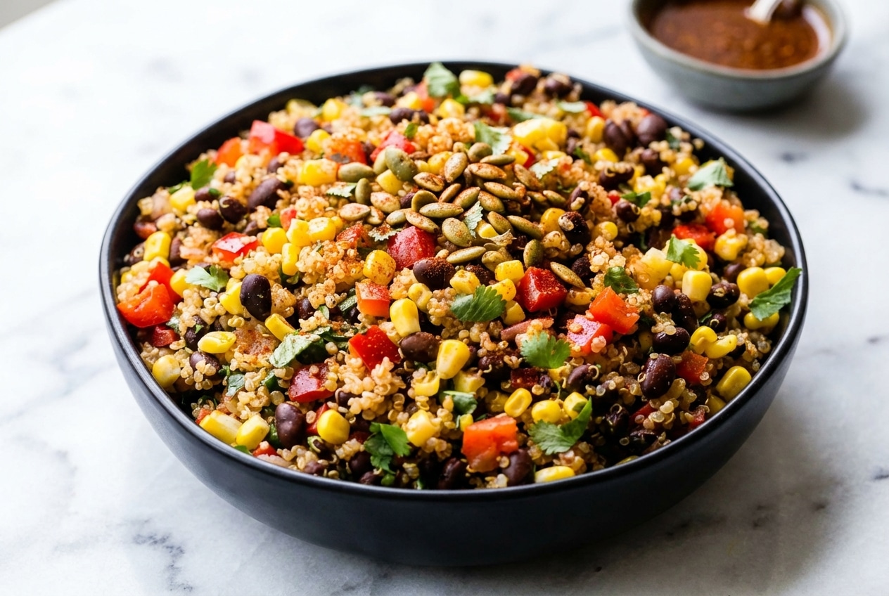Vibrant mexican quinoa salad topped with smoky paprika dressing and a crunch of toasted pepitas.