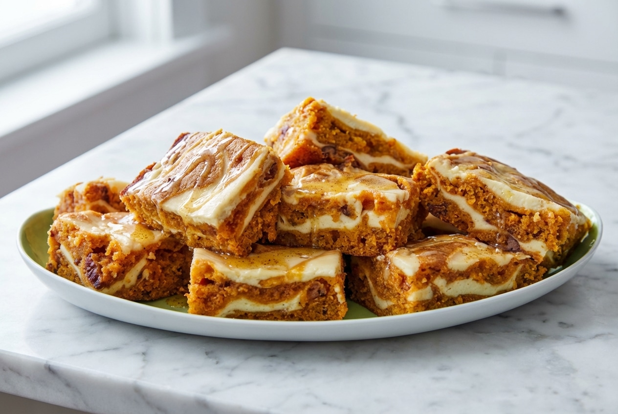 Moist carrot cake bars with a miso brown butter glaze and cream cheese swirl, topped with toasted pecans.