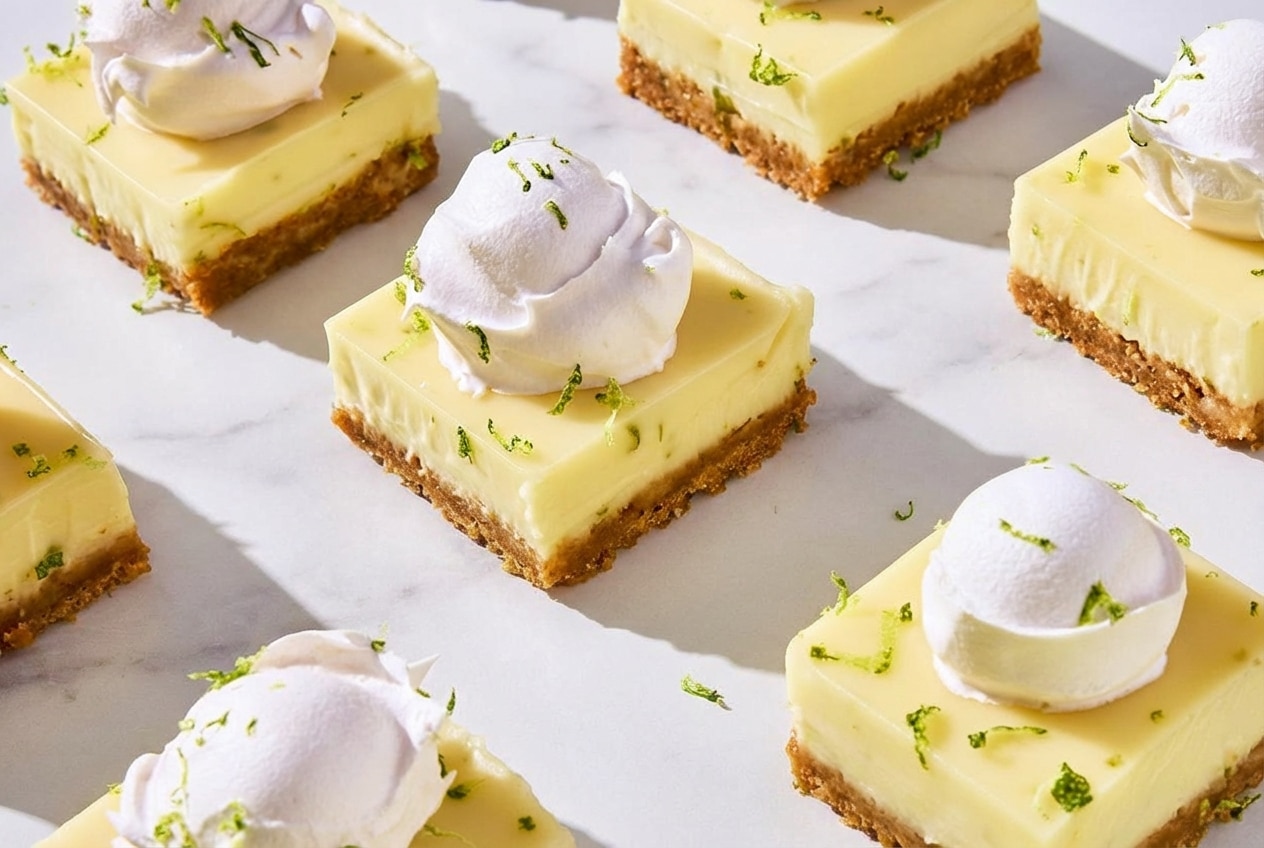 Creamy key lime pie bars featuring a salty miso-infused graham cracker crust and fresh lime zest.
