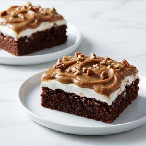 A slice of Mississippi mud cake featuring a rich chocolate base, a fluffy marshmallow layer, and a glossy brown butter bourbon frosting.