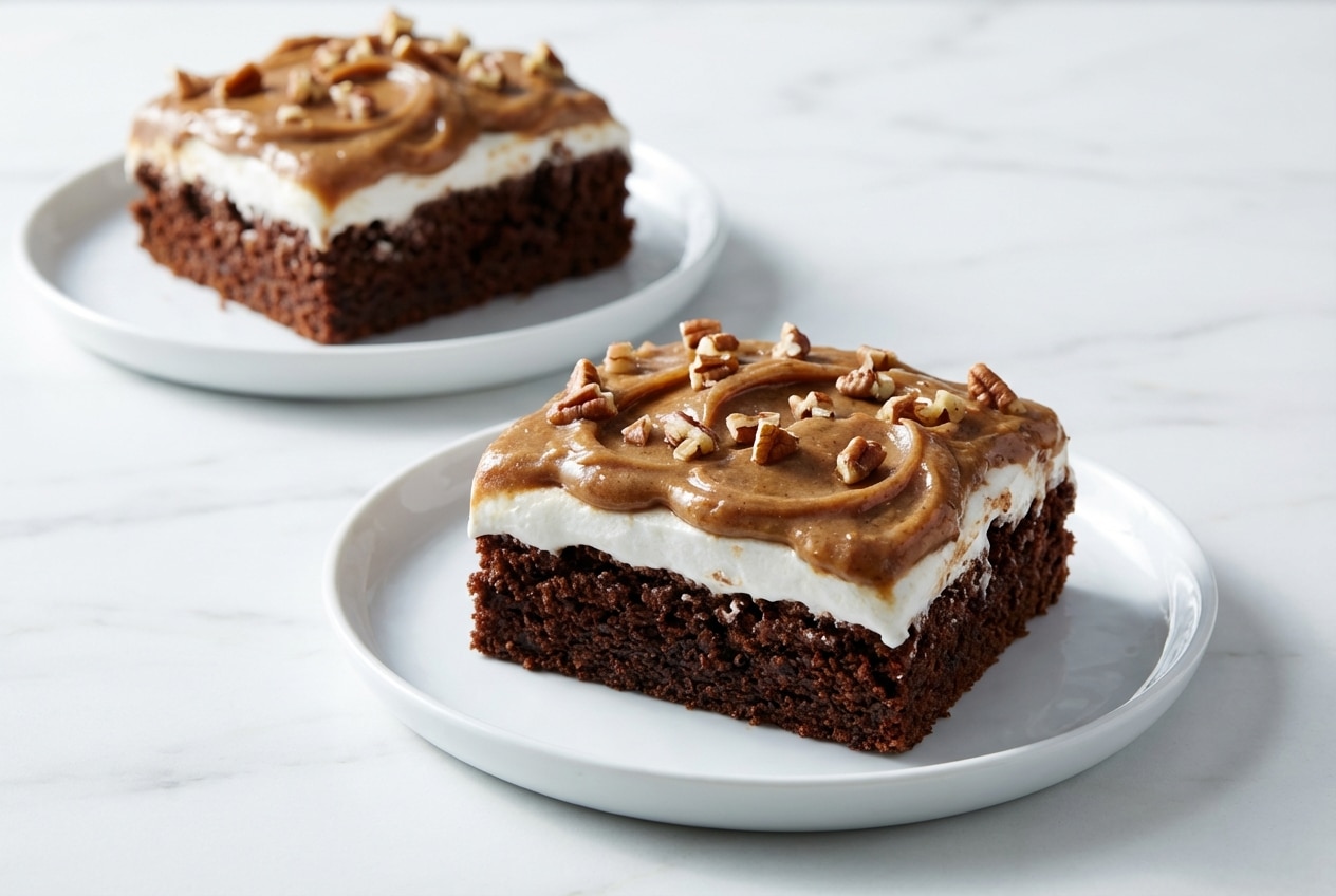 A slice of Mississippi mud cake featuring a rich chocolate base, a fluffy marshmallow layer, and a glossy brown butter bourbon frosting.