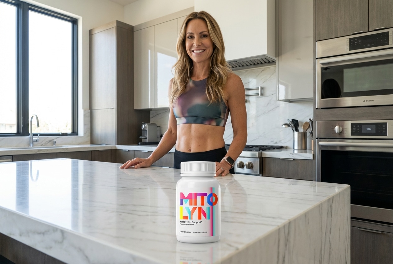 Bottle of Mitolyn, a premium mitochondrial support supplement, resting on a bright counter next to fresh berries and leaves.