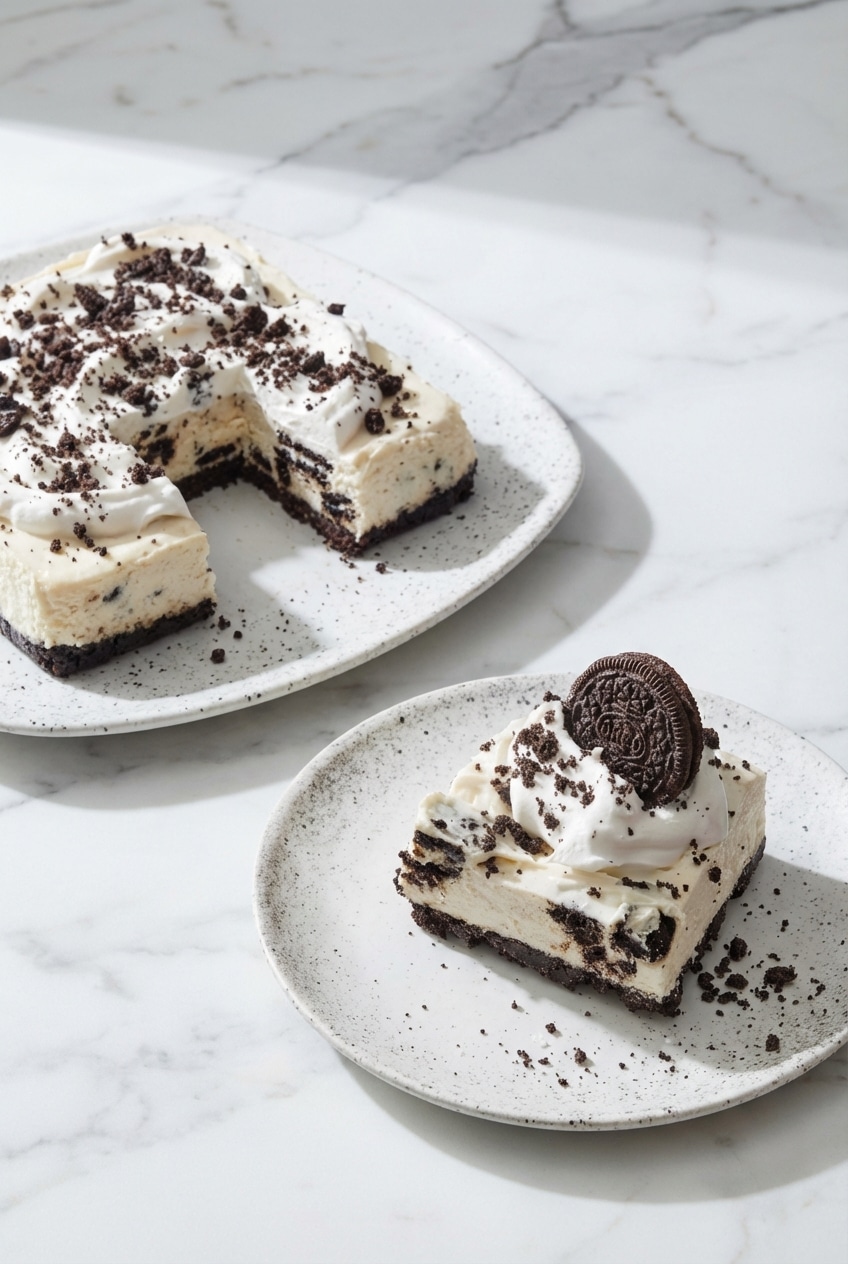 Preparing the No Bake Oreo Cheesecake filling with an electric hand mixer to reach stiff peaks.