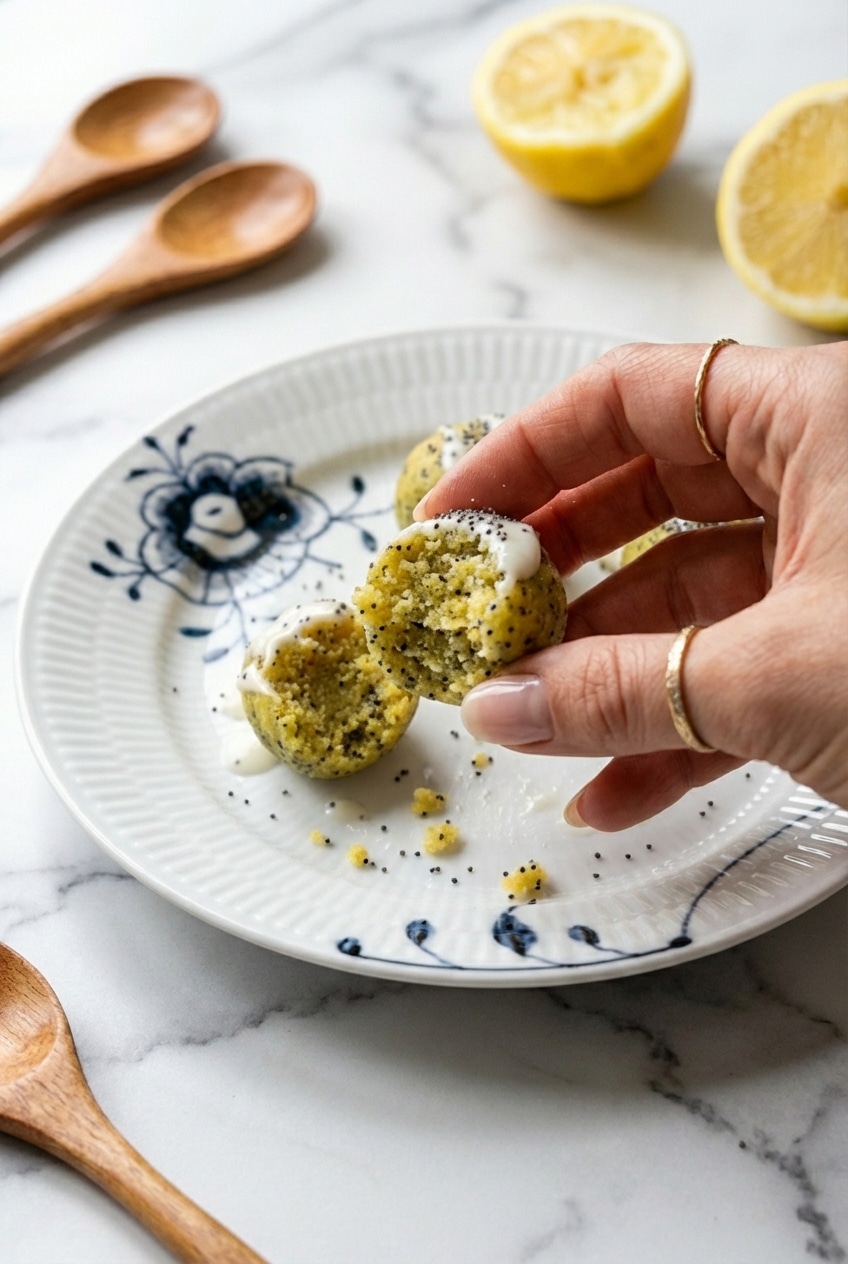 Close up of the soft dough for Lemon Poppyseed Energy Bites speckled with toasted seeds.