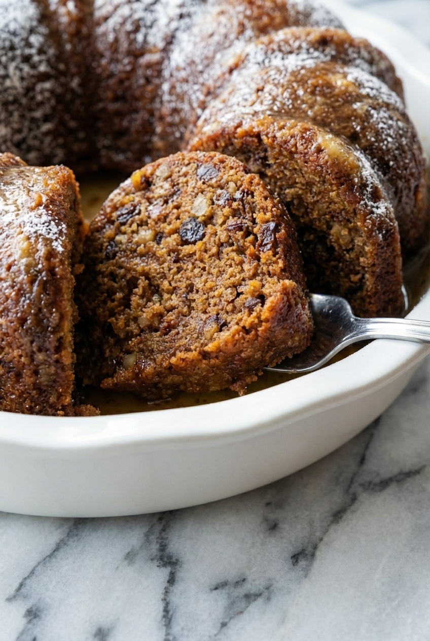 A close-up showing the super moist crumb texture of the finished amish applesauce cake, with flecks of cinnamon and walnut.