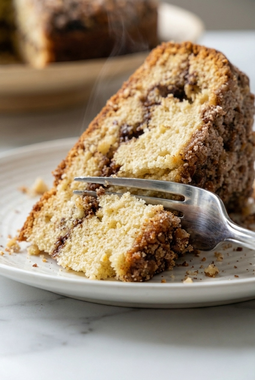 Close-up of the moist crumb and cinnamon sugar swirl inside mom's sour cream coffee cake.