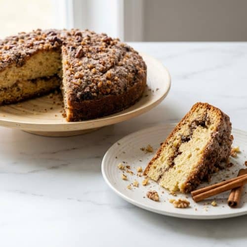 Slice of mom's sour cream coffee cake showing a moist crumb, topped with a browned butter and cardamom walnut streusel.