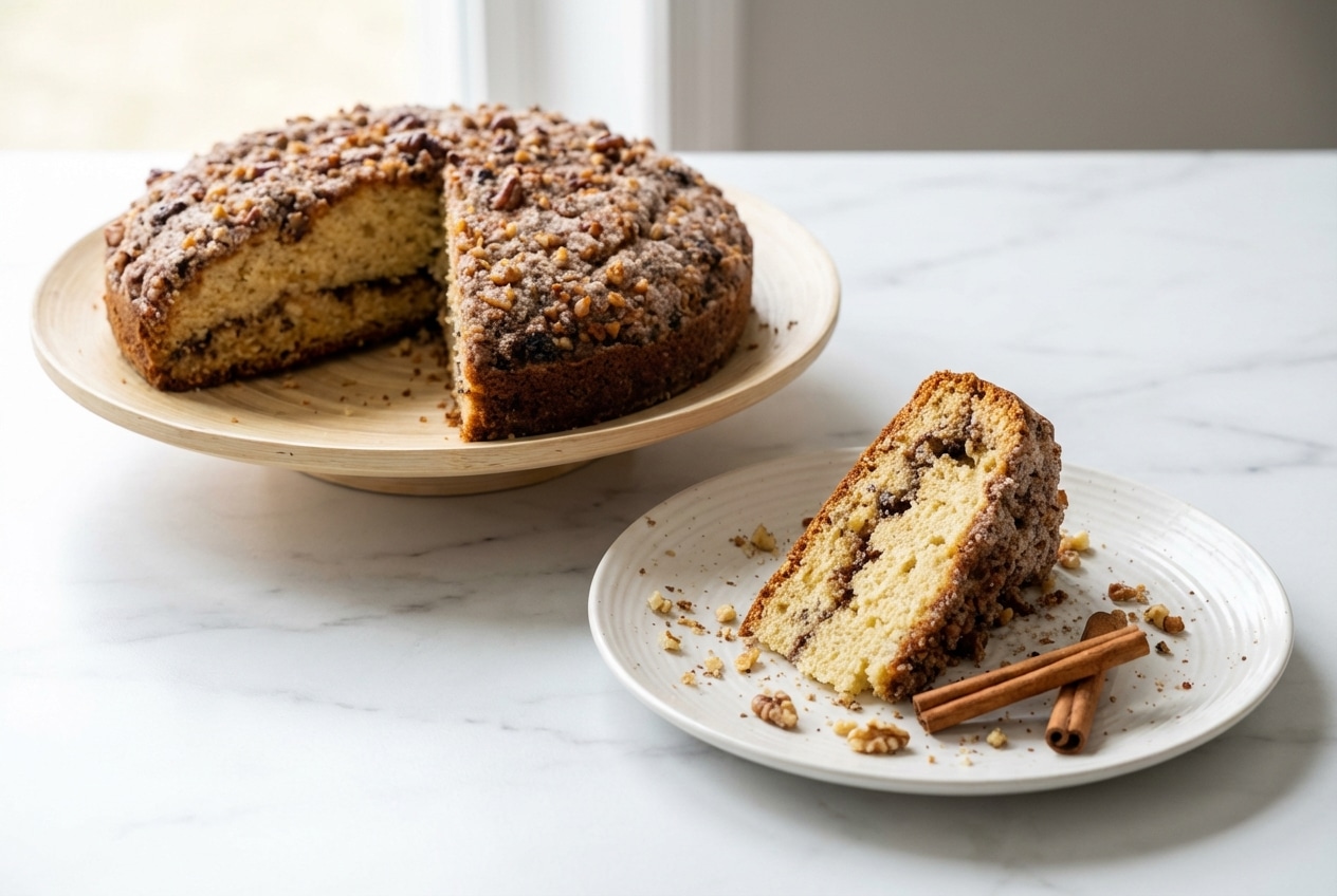 Slice of mom's sour cream coffee cake showing a moist crumb, topped with a browned butter and cardamom walnut streusel.