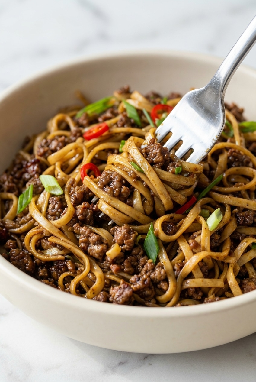 Close-up of mongolian ground beef noodles highlighting the thick cornstarch slurry glaze and savory beef texture.