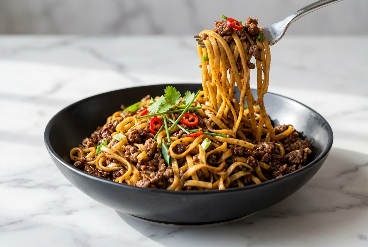 Savory mongolian ground beef noodles with a bright rice vinegar balance and fresh green onion garnish.