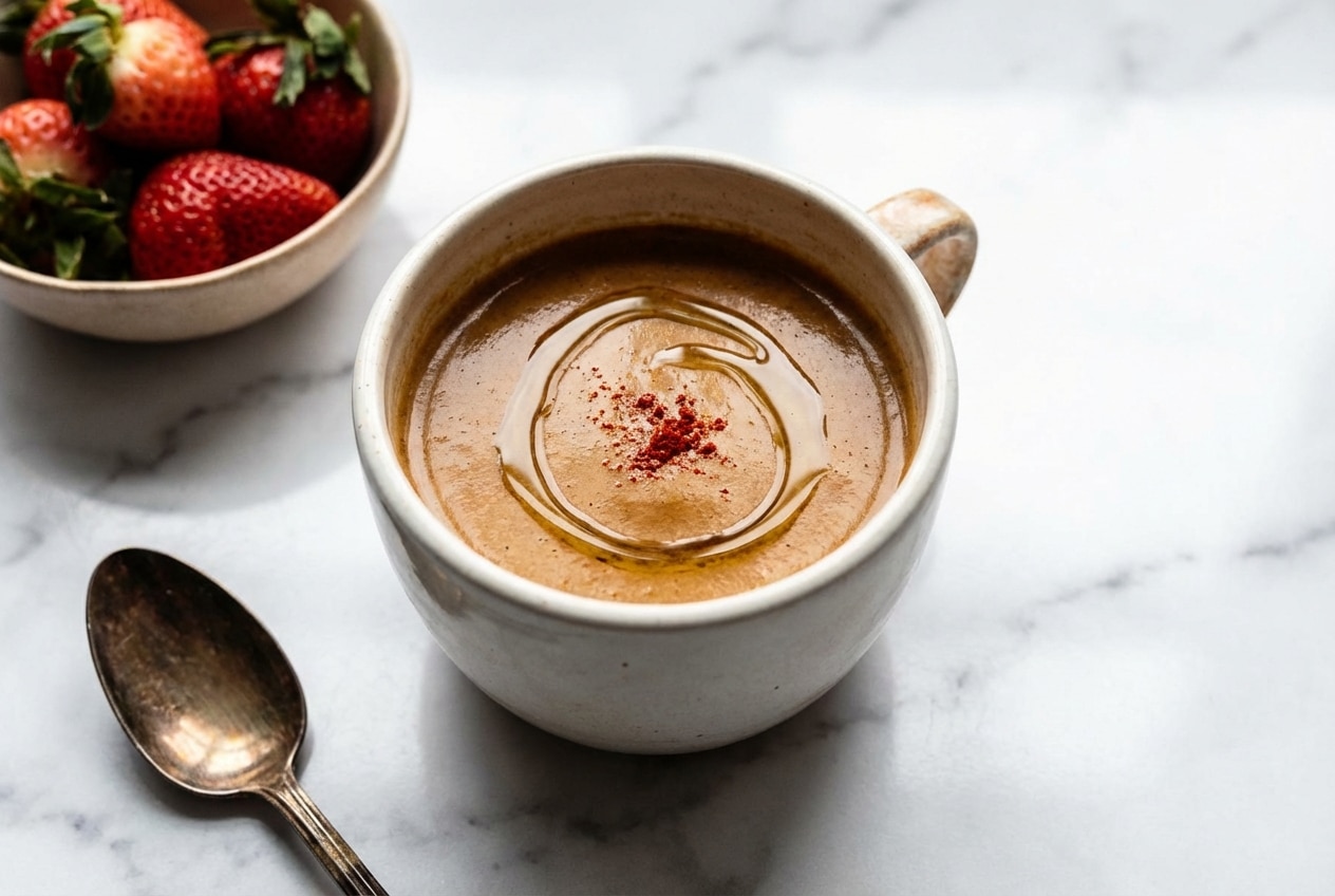 Frothy mushroom coffee recipe for weight loss with creamy MCT oil and a metabolic pinch of cayenne pepper.