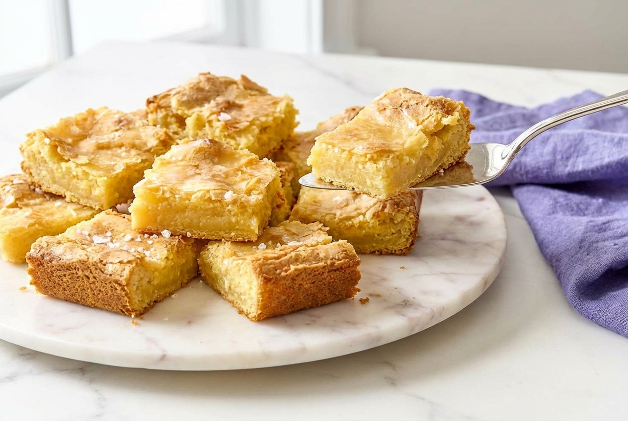Sliced neiman marcus cake featuring a browned butter and sea salt base for a rich, golden finish.