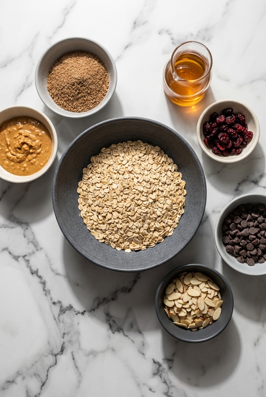 Overhead view of no bake granola bars ingredients including old-fashioned rolled oats, natural peanut butter, and flaxseed.