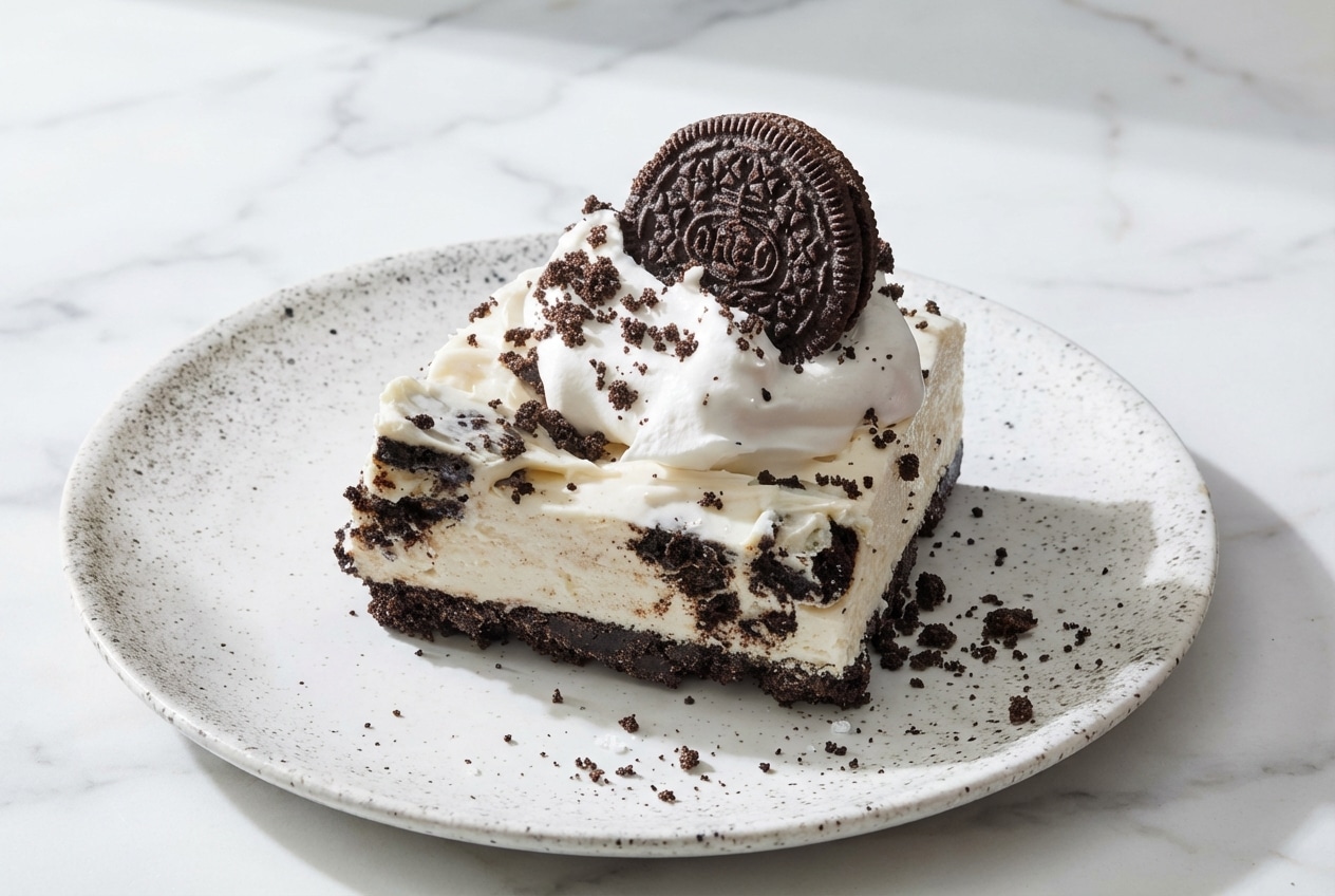 No Bake Oreo Cheesecake with sea salt and an espresso-infused crust on a serving platter.