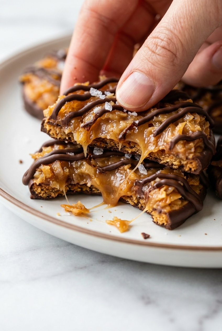 Close-up of a No Bake Samoa Cookie showing the glossy chocolate drizzle and toasted coconut texture.