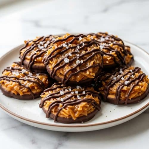 No Bake Samoa Cookies featuring toasted coconut and a savory brown butter sea salt glaze.